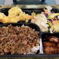Bbq Beef Box · Each Box comes with Steamed Rice, Beef Teriyaki, Side Salad, Tempura, & Chicken Cutlet.