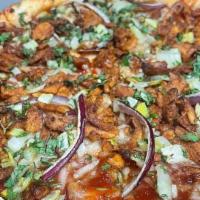Bbq Chicken Pizza · Vegan. BBQ sauce, chicken, cilantro, and onion.
