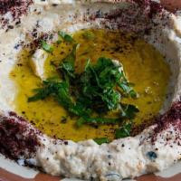 Baba Ghannouj · fire roasted eggplant, garlic, yogurt, lemon juice, tahini, extra virgin olive oil (VG GF). ...