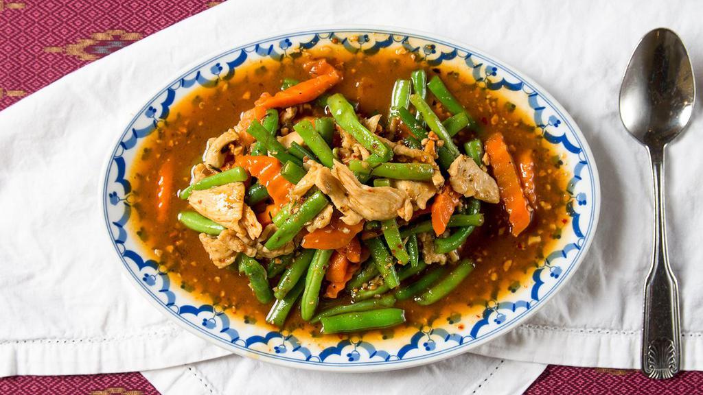 2460. Pad Pik King · Sauteed fresh green beans and carrots with crushed peanuts in a sweet red curry paste sauce.