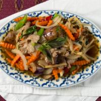 2455. Eggplant With Basil · Choice of meat stir-fried with eggplant, bell pepper, bamboo strips, onions  and basil in ho...