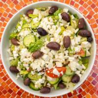 Greek Salad · Vegetarian. Romaine lettuce, cucumber, red onion, Kalamata olives, feta cheese, and tomatoes...