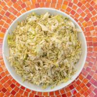 Cabbage Salad · Vegetarian. Sliced green cabbage, dry mint, minced garlic, olive oil, and lemon juice.