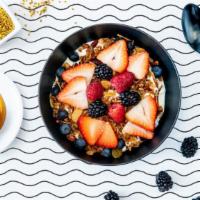 The Pre-Hike · A healthy-ish bowl with greek yogurt, granola, berries, bee pollen, honey. Namaste.