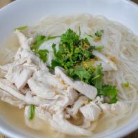 Chicken Pho · Chicken, onions, sprouts, cilantro and rice noodles in homemade beef broth. Gluten free.