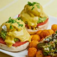 Cali Benny* · Vegetarian. English muffin • grilled tomatoes • mashed avocado • poached eggs • nut free pes...