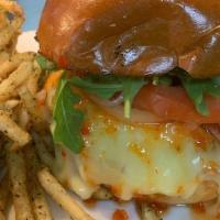 The Burger · Prime Beef, Camembert, Pepper Jam, Maui Onion, Baby Arugula, Tomato & Potato Bun with Choice...