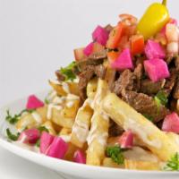 Shawarma Fries · French fries topped with your choice of juicy chicken or beef shawarma, diced tomatoes, pick...