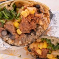 Burrito · Flour tortilla, red or brown rice, pinto or black beans, your choice of meat, toppings, and ...