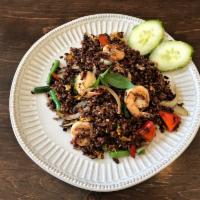 Spicy Basil Fried Rice · Medium spicy. Wild rice, green bean, bell pepper, basil, chili, onion, garlic, egg, sliced c...