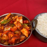 Chicken Chilly · Gluten free. Pan-fried marinated chicken strips with bell pepper and onion cooked with Himal...