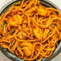 Shrimp Lo Mein · Soft noodles cooked in a brown sauce mixed with green onions laba and strips of carrots and ...