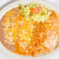 Any Two Items · Served with rice refried beans and lettuce choice of shredded beef or shredded chicken.
