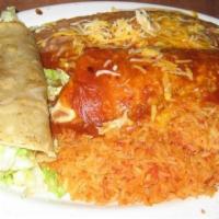 Chicken Burrito · Large flour tortilla filled with refried beans and shredded chicken, smothered with homemade...