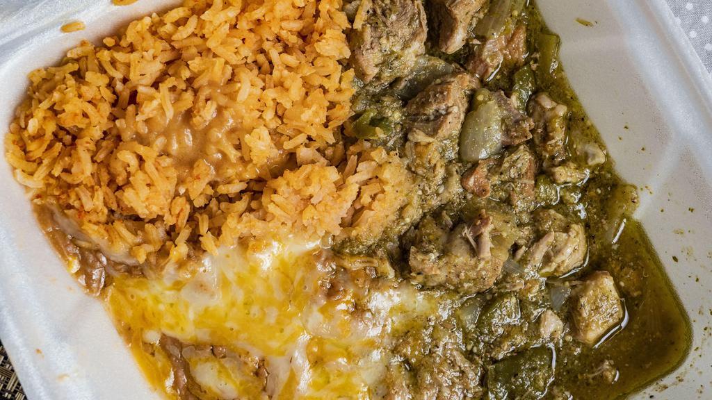 Chile Verde · Chunks of pork simmered to perfection in our mouthwatering green tomatillo sauce.