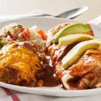 Enchilada Wet Burrito · Made with red sauce, rice, beans, pico de gallo & customer's choice of meat.