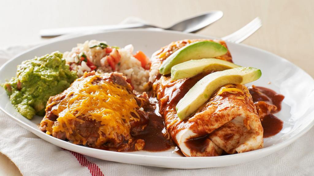 Enchilada Wet Burrito · Made with red sauce, rice, beans, pico de gallo & customer's choice of meat.