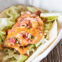 Playa Fish Taco (Each) · Beer battered fish fillet, served on corn tortillas with cabbage, pico de gallo, and topped ...