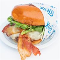 The Burger Burger · Harris ranch beef, white Cheddar, applewood smoked bacon, arugula, aioli, ketchup.