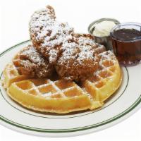 Chicken 'N Waffle · Boneless Chicken Strips on a waffle sprinkled with powder sugar served with maple syrup.