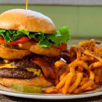Sweeties' Double Stacker · Biggest Burger on the menu. Comes with two 1/2 pound fresh patties, BBQ sauce, thick honey b...