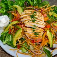 Chicken Santa Fe Salad · Grilled Chicken with Red and Green Bell Pepper, Onion, Tomato, Corn, Cheese, Topped with Cil...