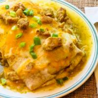 Chile Verde Lunch Burrito · A Giant burrito smothered in our Famous Chili verde, stuffed with beans, rice, Jack and Ched...