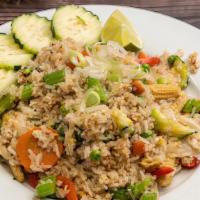 Kow Pad Pak · Vegetable fried rice with stir fried steam rice, eggs, mixed vegetables, onions, green onion...