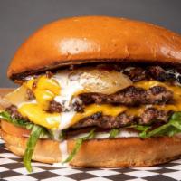 Double Cheeseburger · Toasted burger bun with two fresh beef patties, two slices of American cheese, lettuce, toma...