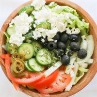 Mother Nature · Fried falafel, sliced tomatoes, lettuce, fresh onions, cucumber, pickle, olives, topped with...