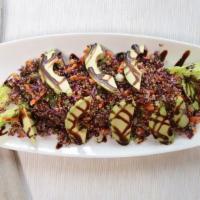 Quinoa Salad · Quinoa, Peruvian corn, carrots, peas, red bell peppers, avocado, radishes, cilantro, and lem...