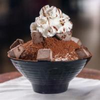 Chocolate Bingsoo · Chocolate mousse cake pieces, whipped cream, cocoa powder, chocolate syrup, and condensed mi...