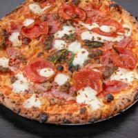 The Meats Pizza · Italian tomato sauce, fresh mozzarella, house made Angus beef meatballs, pepperoni, rosemary...