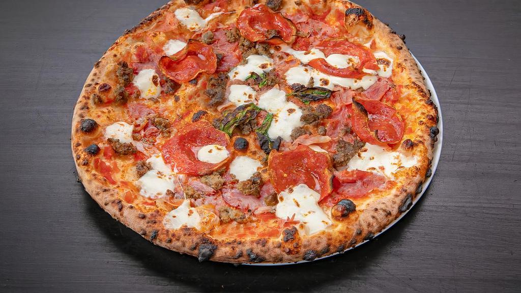 The Meats Pizza · Italian tomato sauce, fresh mozzarella, house made Angus beef meatballs, pepperoni, rosemary ham available Neapolitan or New York style.