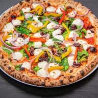 From The Garden Pizza · Italian tomato sauce, fresh mozzarella, baby spinach, bell peppers, red onions, kalamata oli...