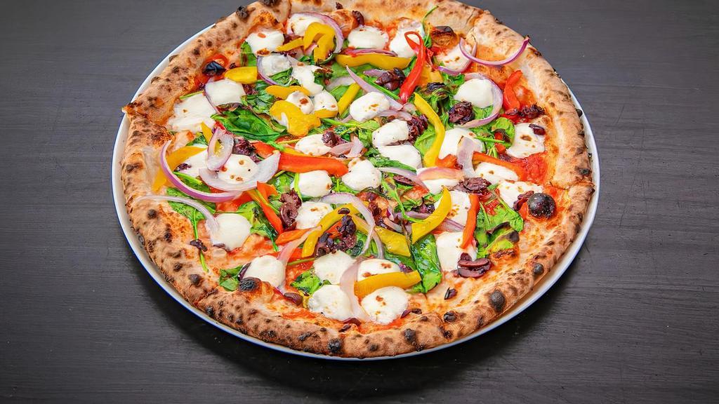 From The Garden Pizza · Italian tomato sauce, fresh mozzarella, baby spinach, bell peppers, red onions, kalamata olives available Neapolitan or New York style. Vegetarian.