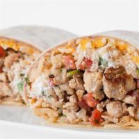Pepe'S Burrito · Burrito with beans, rice, choice of meat,  fresh salsa, cheese, and sour cream with a small ...