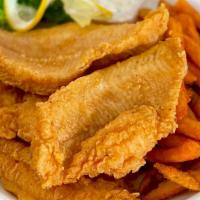 Fried Catfish Basket (4) · 4 crispy, fresh catfish filets. Deep fried and seasoned. Served with your choice of fries.