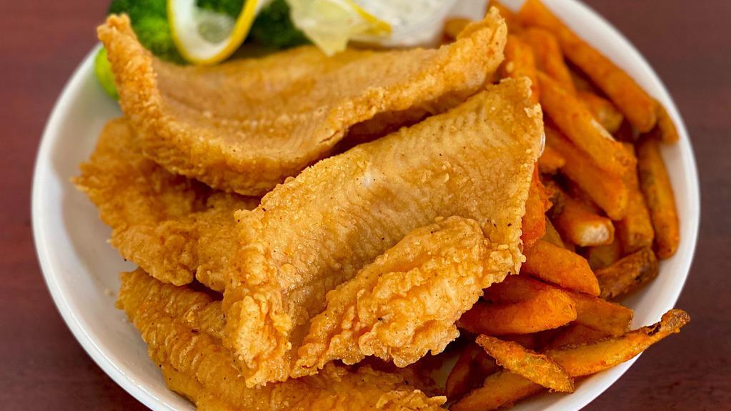 Fried Catfish Basket (4) · 4 crispy, fresh catfish filets. Deep fried and seasoned. Served with your choice of fries.