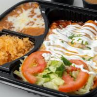 3 Meat Enchiladas Rice And Beans · Choice of meat, queso, cilantro, onions, red or green salsa with a side of rice, and beans.
