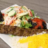 Beef Koobideh · One Skewer of Ground Beef Served with Half Basmati Rice and Half Green Salad