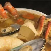 Caldo 7 Mares · Head on shrimp, crab meat, mussels, catfish, baby clams, imitation scallops, octopus and pee...