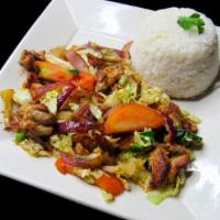 Col De Pollo · Lean chicken, sauteed with onions, cilantro, tomatoes, green onions, and cabbage. Served wit...