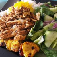 Chicken Combo Plate · Charbroiled chicken breast and one skewer of marinated chicken kabab. Includes basmati rice,...