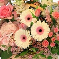 Blushing Sweetness Basket Arrangement · There's nothing bashful about these blushing blooms! With beautiful pink roses, lovely pink ...