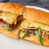 Philly Cheese Steak Grilled Sandwich · Grilled Philly steak, peppers, onion and Jack on a French roll.