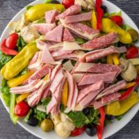 Antipasto Salad · Romaine, cucumber, cherry tomatoes, pepperoncinis, bell pepper, artichoke hearts, olives, pr...
