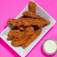 2 Chicken Tenders · Two pieces of  jumbo, buttermilk herb marinated, double hand-breaded chicken tenders with ta...
