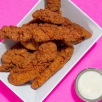 25 Chicken Tenders · 25 pieces of  jumbo, buttermilk herb marinated, double hand-breaded chicken tenders with tan...