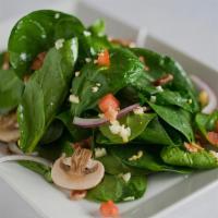 Spinach Salad · Baby Spinach, Red Onion, Cherry Tomatoes, Bacon, Hard-Boiled Egg, Mushrooms, Warm Bacon Vina...